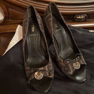 Fendi Brown Logo Canvas Peep-Toe Heels